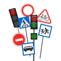 Traffic lights and traffic signs, different designations of actions on the road, road safety training. Vector drawing on