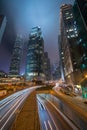 Traffic lights trails, business towers in central district, Hong Kong Royalty Free Stock Photo