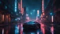 traffic at night _A futuristic city with neon signs and holograms. The city is dark and rainy, and the wet asphalt