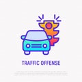 Traffic offence thin line icon: car is riding on red traffic light. Modern vector illustration