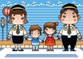 traffic officer helping children to cross road. Vector illustration decorative design