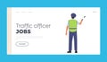 Traffic Officer, Road Inspector Job Landing Page Template. Policeman Wear Uniform Holding Baton Rear View