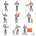 Traffic officer in uniform with high visibility vest set, policeman in different situations vector Illustrations