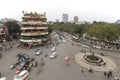 Traffic in the old quarter of Hanoi at sunset in long exposure. View from above. Royalty Free Stock Photo