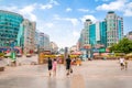 Traffic and pedestrians in Guilin Boulevard. Commercial and business street scene. Guilin. China