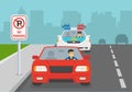 Traffic police car honking to a red car in no parking area with road sign. Royalty Free Stock Photo