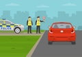 Traffic police checkpoint. Officer holding a speed limit sign. Traffic flow on a city road. Back view of a red sedan car. Royalty Free Stock Photo