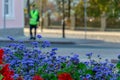 The traffic police inspector is doing his job. A man stands on a background of flower beds. Funny policeman loves flowers. Law