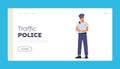 Traffic Police Landing Page Template. Officer Male Character Professional Occupation, Policeman Job. Road Inspector
