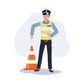 A traffic police is pointing index finger to traffic cone as emphasis that do not pass or park here. Flat vector cartoon Royalty Free Stock Photo