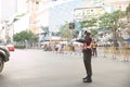 Traffic police redirect car out of Pathumwan intersection