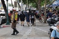 Traffic Police take photo anti-government protesters at Democracy Monument.