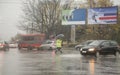 Traffic police with umbrella