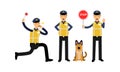 Traffic Policeman Wearing Yellow Vest Blowing a Whistle and Showing Stop Sign Vector Illustration Set