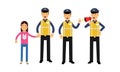 Traffic Policeman Wearing Yellow Vest Speaking Megaphone and Holding Little Girl by the Hand Vector Illustration Set