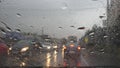 Traffic in Rain in City, Driving Car, Heavy Storm on Road, Highway, Rainy Drops Royalty Free Stock Photo
