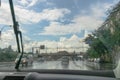 Traffic in rainy day with road view through car window with rain drops, blurry traffic on rainy day. Bucharest, Romania, 2020 Royalty Free Stock Photo