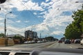 Traffic in rainy day with road view through car window with rain drops, blurry traffic on rainy day. Bucharest, Romania, 2020 Royalty Free Stock Photo