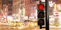 Traffic Red Light on pole, stoplight, red stop signal on blur city at night background. 3d render Royalty Free Stock Photo