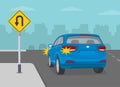 Safety car driving. Blue suv car is about to turn left on expressway. Yellow u-turn road sign. Royalty Free Stock Photo