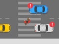 Traffic regulation on pedestrian crossing. Hidden pedestrian about to be hit by car on crosswalk. Cars should stop at crosswalks.