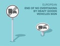 Isolated european end of no overtaking by heavy goods vehicles sign. Front and top view.