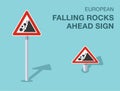 Isolated european falling rocks ahead sign. Front and top view. Royalty Free Stock Photo