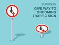 Isolated european give way to oncoming traffic sign. Front and top view. Royalty Free Stock Photo