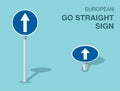 Isolated european go straight sign. Front and top view.