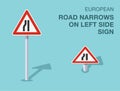 Isolated european road narrows on left side sign. Front and top view.