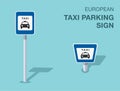 Isolated european taxi parking sign. Front and top view. Royalty Free Stock Photo