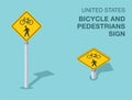 Isolated United States bicycle and pedestrians road sign. Front and top view. Royalty Free Stock Photo