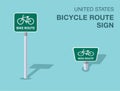 Isolated United States bicycle route sign. Front and top view.