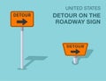 Isolated United States detour on the roadway sign. Front and top view.