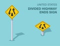 Isolated United States divided highway ends sign. Front and top view. Royalty Free Stock Photo