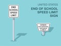 Isolated United States end of school speed limit road sign. Front and top view. Royalty Free Stock Photo