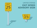 Isolated United States exit speed advisory sign. Front and top view. Royalty Free Stock Photo