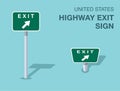 Isolated United States highway exit sign. Front and top view. Royalty Free Stock Photo