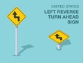 Isolated United States left reverse turn ahead sign. Front and top view.