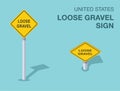 Isolated United States loose gravel sign. Front and top view.