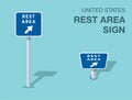 Isolated United States rest area sign. Front and top view. Royalty Free Stock Photo