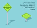 Isolated United States school speed zone ahead road sign. Front and top view. Royalty Free Stock Photo