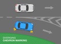 Traffic regulation rules and road marking meaning. Blue sedan car is exiting a highway. Top view of a traffic flow on highway. Royalty Free Stock Photo