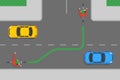 Safety bicycle driving. How to turn left on T-junction road. Cyclist showing left turn gesture or signal with his hand.