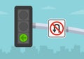 Traffic regulations. Close-up view of a traffic signal and `no u-turn` sign. Royalty Free Stock Photo