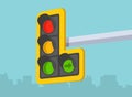 Traffic regulations. Perspective close-up view of a traffic signal with right green arrow. Royalty Free Stock Photo