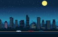 Traffic Road in City at Night with Skyscrapers Landscape Flat Design Illustration Royalty Free Stock Photo