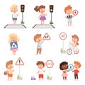 Traffic road education. School kids learning safety crossroad walking traffic lights and signs vector illustrations set