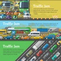 Traffic road jam vector transportation problems illustration at night and day city transport urban vehicle traffic-jam