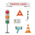 Traffic road police symbols set flat elements isolated vector illustration.